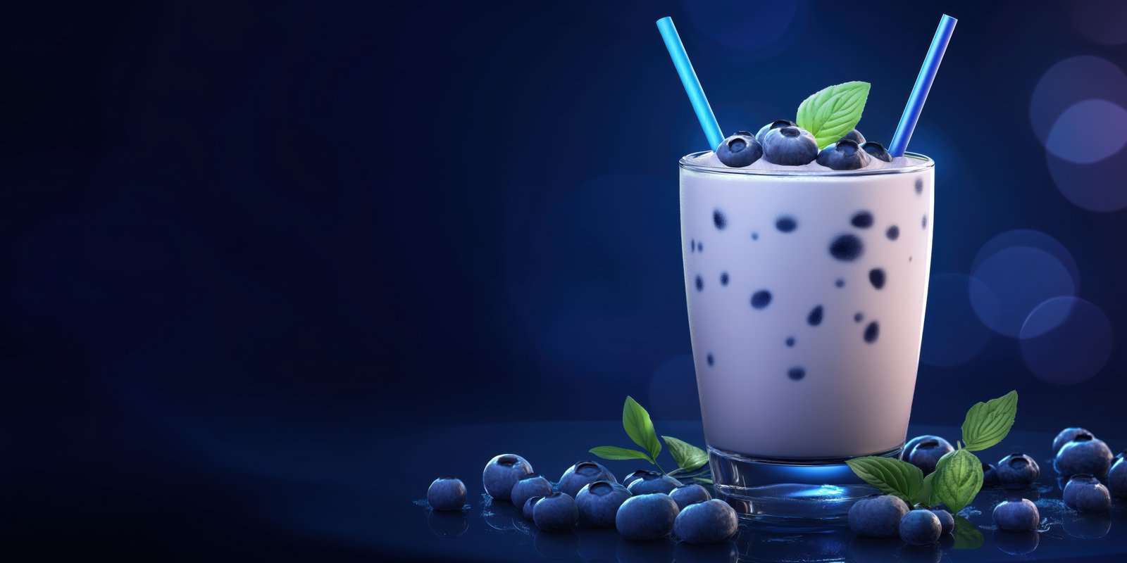 Refreshing blueberry smoothie served in a clear glass with mint leaves on a dark background
